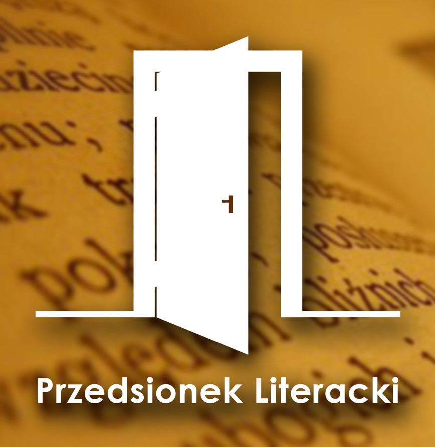 logo: na tle kart książki półotwarte białe drzwi i napis Przedsionek Literacki